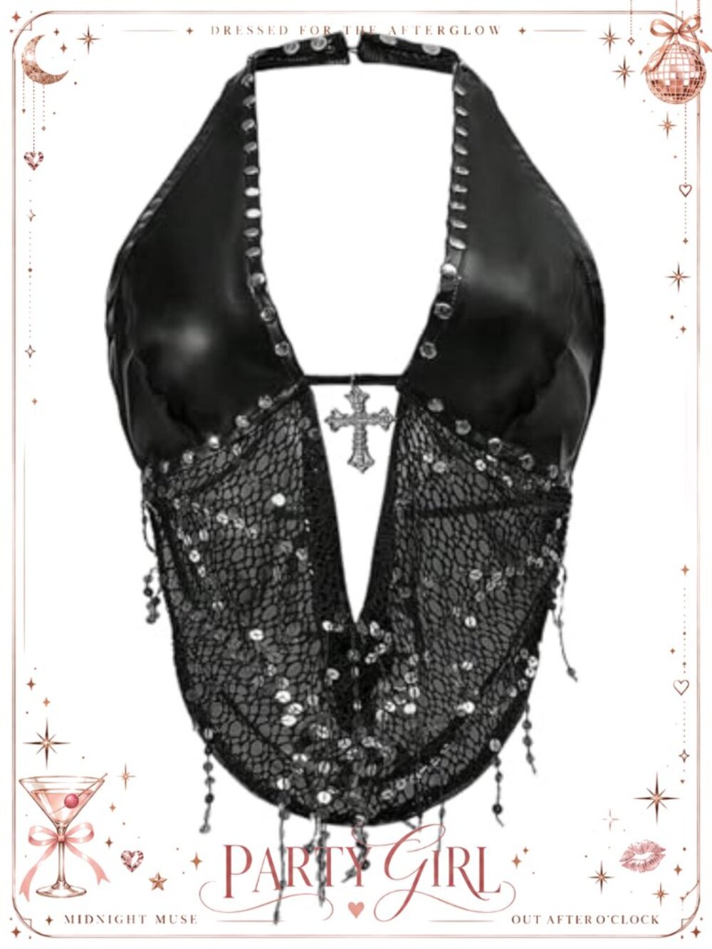 Plus Size Faux Leather Halter Top Sequin Rivet Tie Backless Tank Clubwear